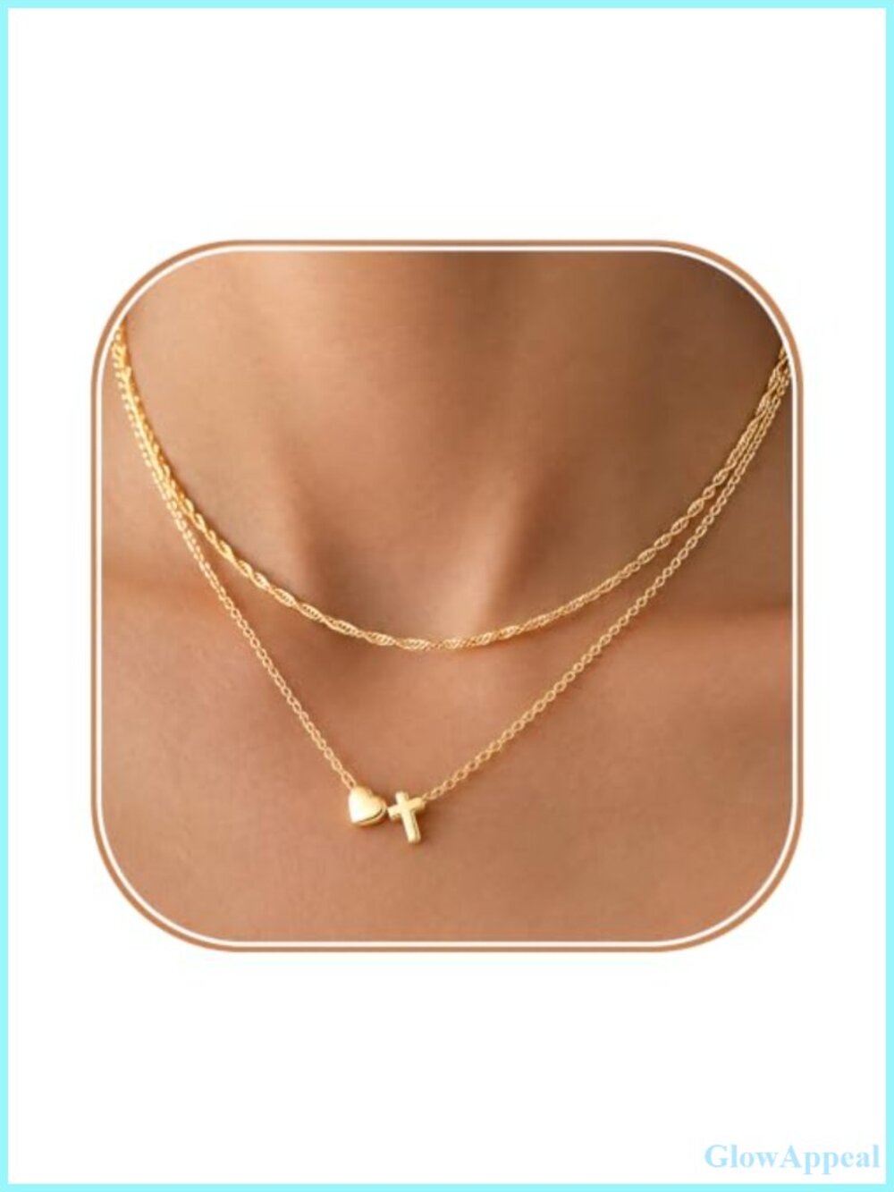 14K Gold Plated Layered Cross Heart Pendant Necklace Set Women